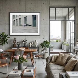 Une silhouette s'arrache au bitume pour un voyage immobile au pied des façades de béton. Entre rêve éveillé et rigueur architecturale, ce corps suspendu réinvente la ville comme un terrain de jeu où la gravité n'est plus qu'un lointain souvenir.
