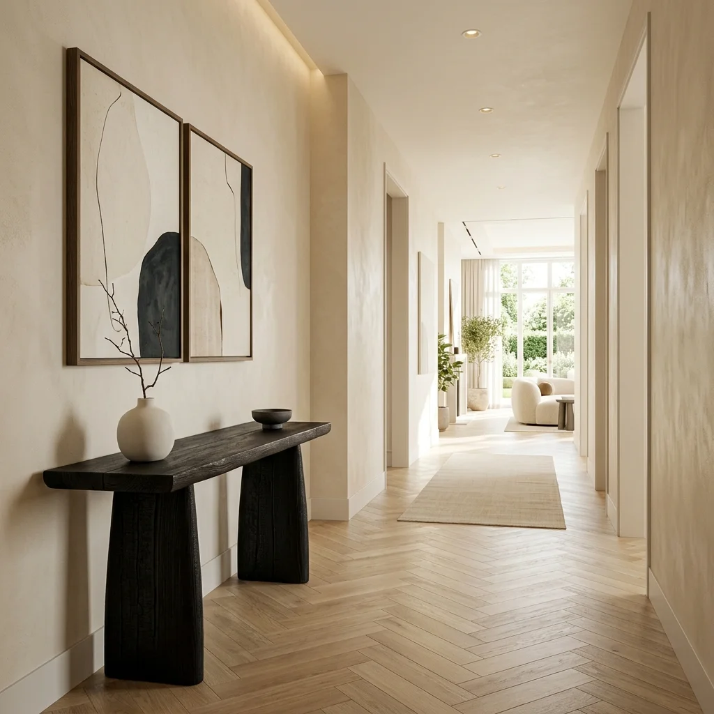 Perspective d'un couloir lumineux avec console en bois brûlé noir et tableaux abstraits, décoration Japandi.