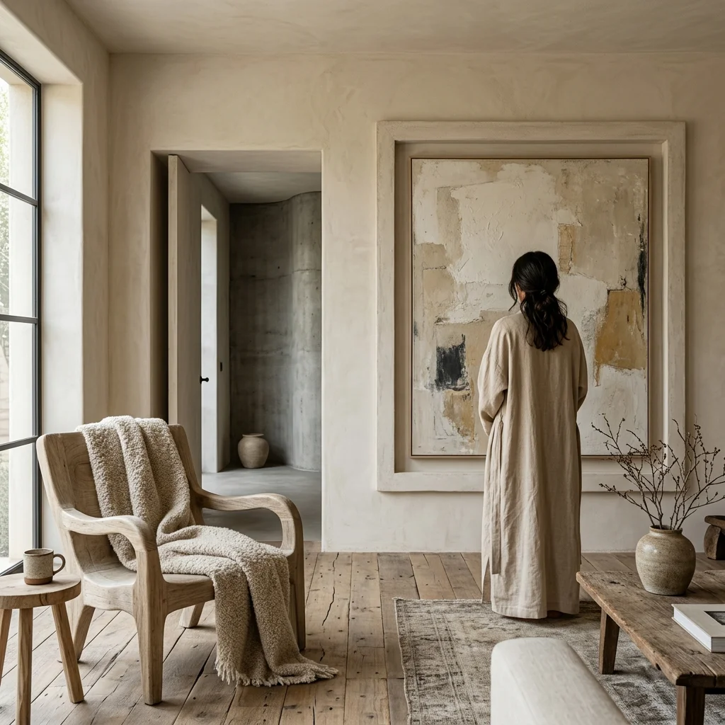Salon serein aux murs de chaux beige avec fauteuil en bois clair et œuvre minimaliste, style Japandi.