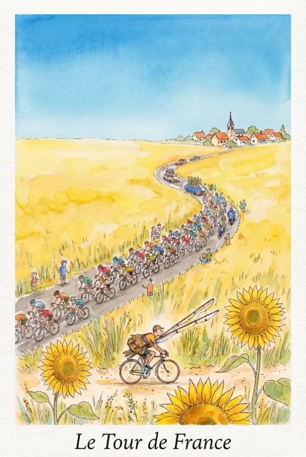L'Échappée Buissonnière : cyclisme peloton aquarelle (dessin d'art)