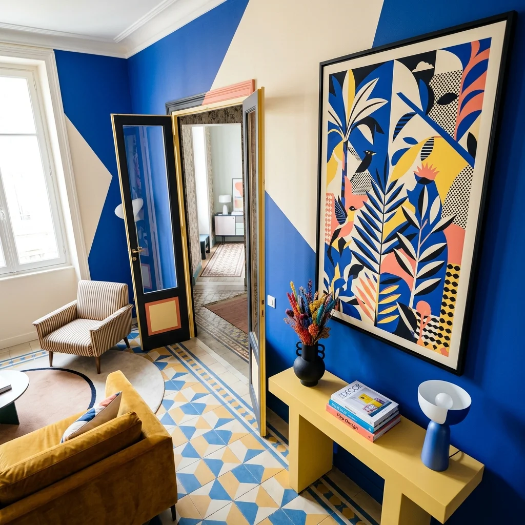 Intérieur contemporain en color-block bleu et crème avec une œuvre d'art graphique inspirée du pop art et mobilier design jaune.