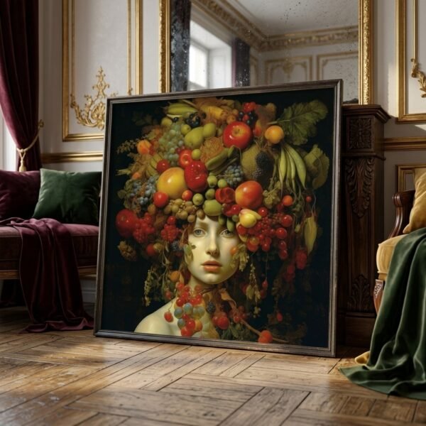 Affiche Portrait aux fruits II dans un intérieur classique Heritage avec moulures dorées