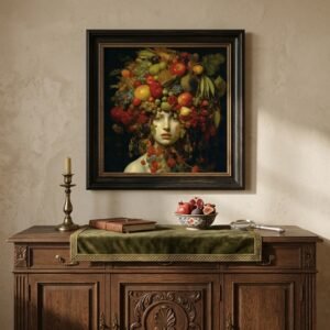 Tableau Portrait aux fruits II suspendu au-dessus d'une enfilade ancienne en bois