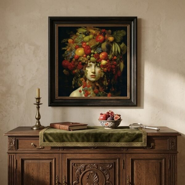 Tableau Portrait aux fruits II suspendu au-dessus d'une enfilade ancienne en bois