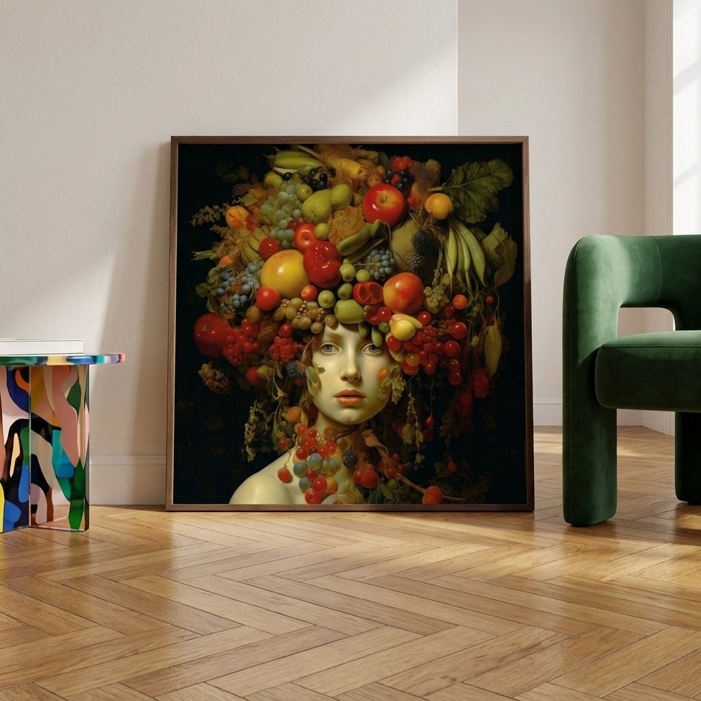 Poster Portrait aux fruits II encadré et posé au sol dans un loft moderne parisien