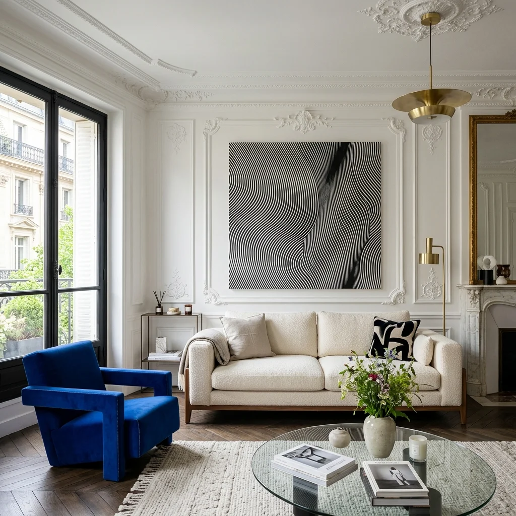 Grand salon parisien chic avec moulures et une immense toile op-art en noir et blanc inspirée de Bridget Riley.