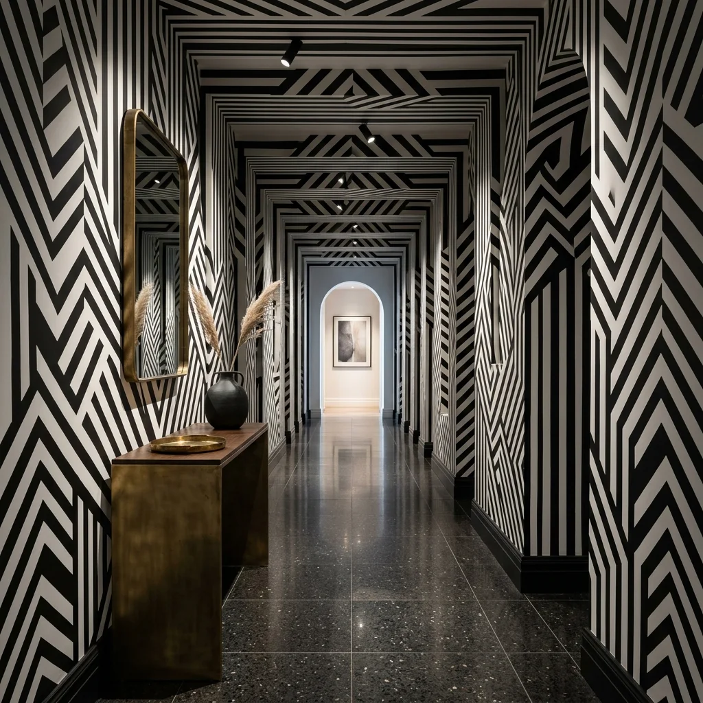 Long couloir d'entrã©e avec motifs op-art géométriques répétitifs créant un effet de tunnel.