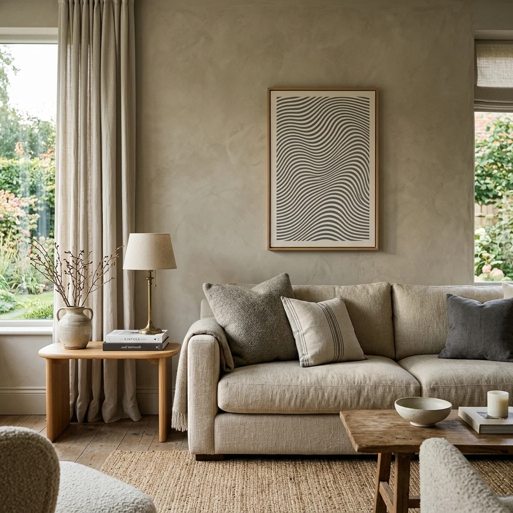 Coin salon Quiet Luxury avec canapé en lin beuge et oeuvre d'art optique aux lignes ondoyantes.