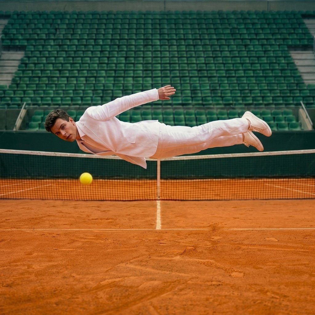 Roland G. : homme en lévitation sur court (photo d