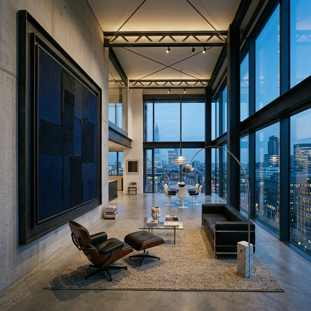 Loft industriel avec murs de verre, colonnes en acier et une œuvre monumentale bleu marine et noire.