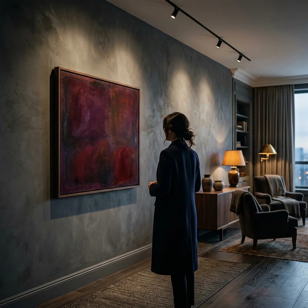 Suite sophistiquée aux murs en plâtre gris anthracite avec une œuvre aux tons bordeaux profond éclairée par un spot.