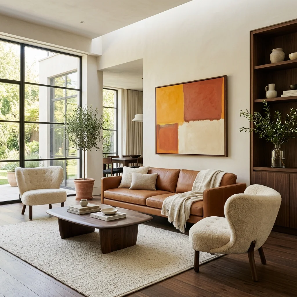 Salon luxueux mêlant cuir caramel, laine crème et bois de noyer avec un tableau aux champs safran et terra cotta.