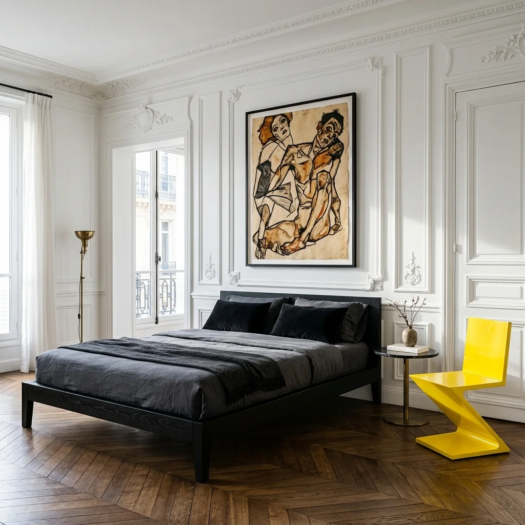 Chambre Modern Parisian Chic avec moulures blanches et œuvre d'art aux traits anguleux.