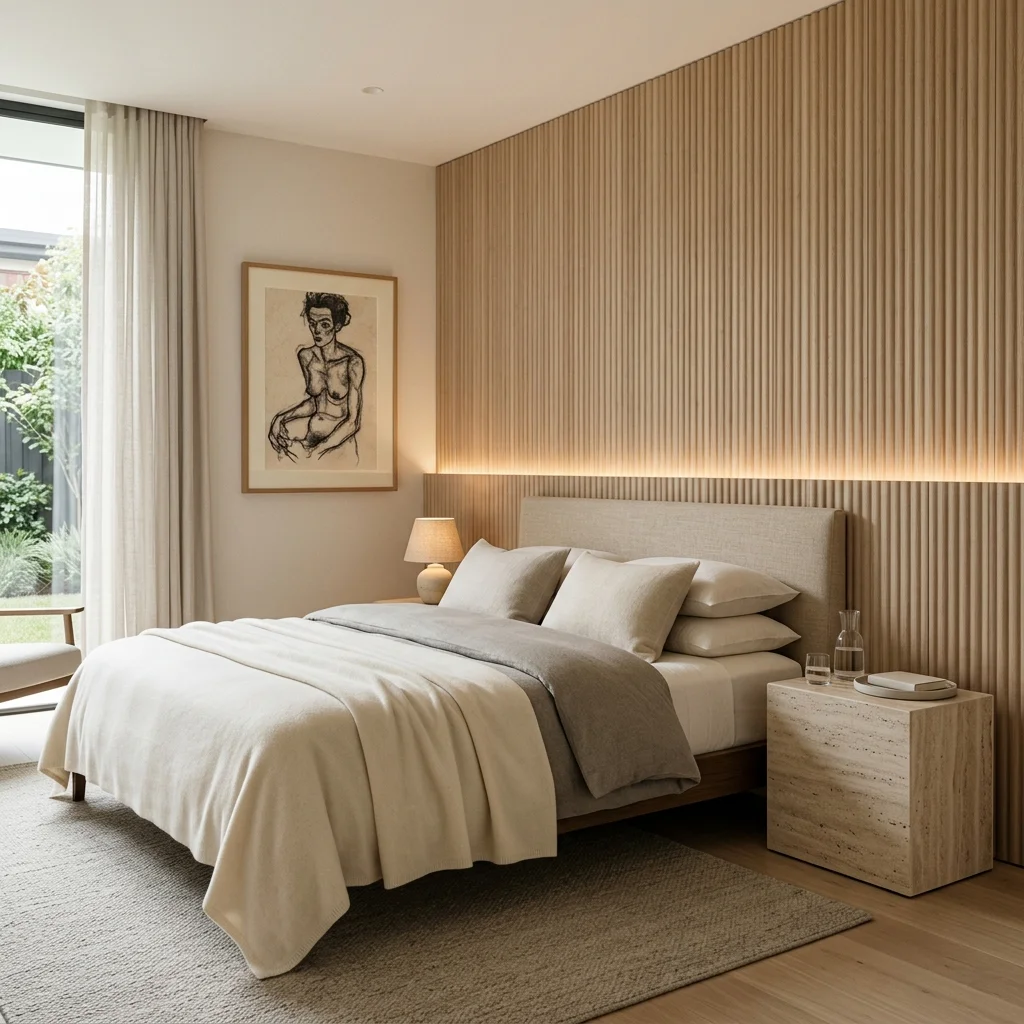 Chambre Quiet Luxury en bois de chêne pâle avec dessin au fusain de style Schiele.