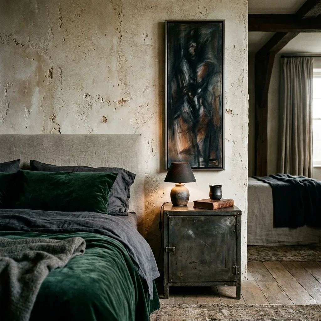 Détail d'une table de chevet en métal et tissus luxueux avec œuvre d'art.