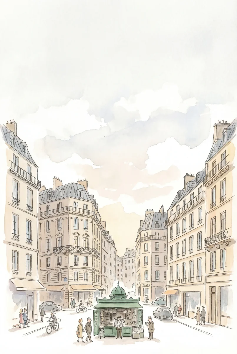 Aquarelle kiosque Paris style ligne claire
