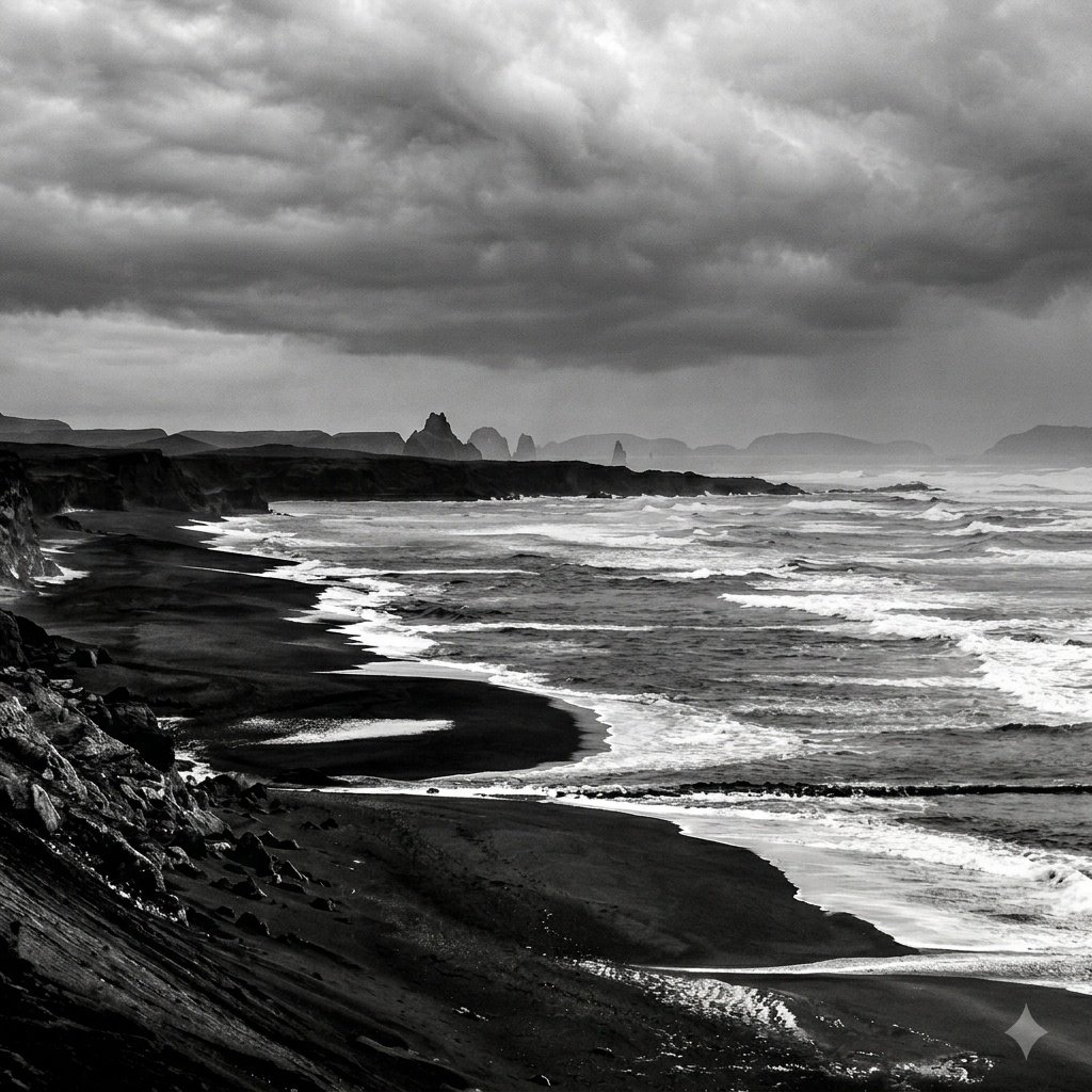 Vík, Islande : littoral de vík (photographie noir et blanc)