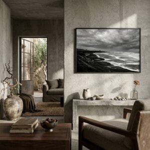 Vík, Islande : littoral de vík (photographie noir et blanc)