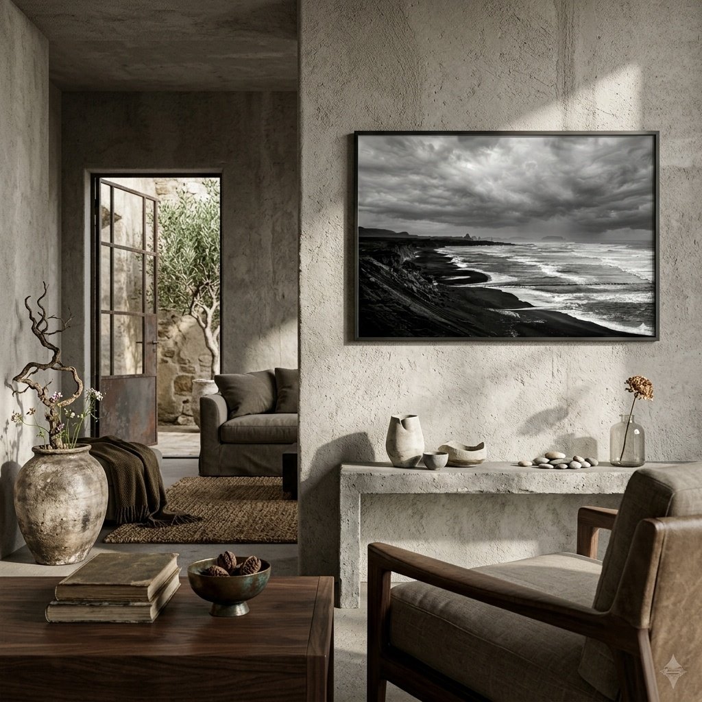Vík, Islande : littoral de vík (photographie noir et blanc)