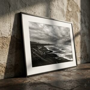 Vík, Islande : littoral de vík (photographie noir et blanc)