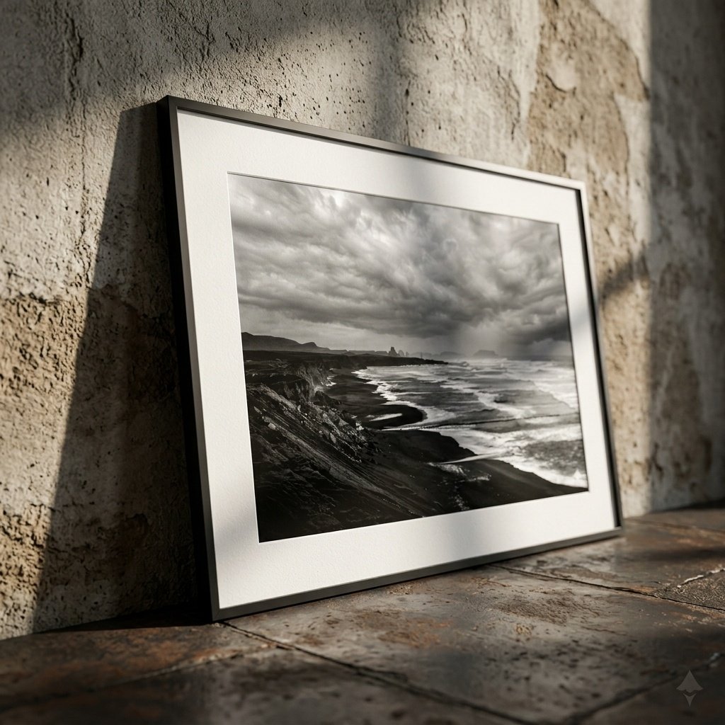 Vík, Islande : littoral de vík (photographie noir et blanc)