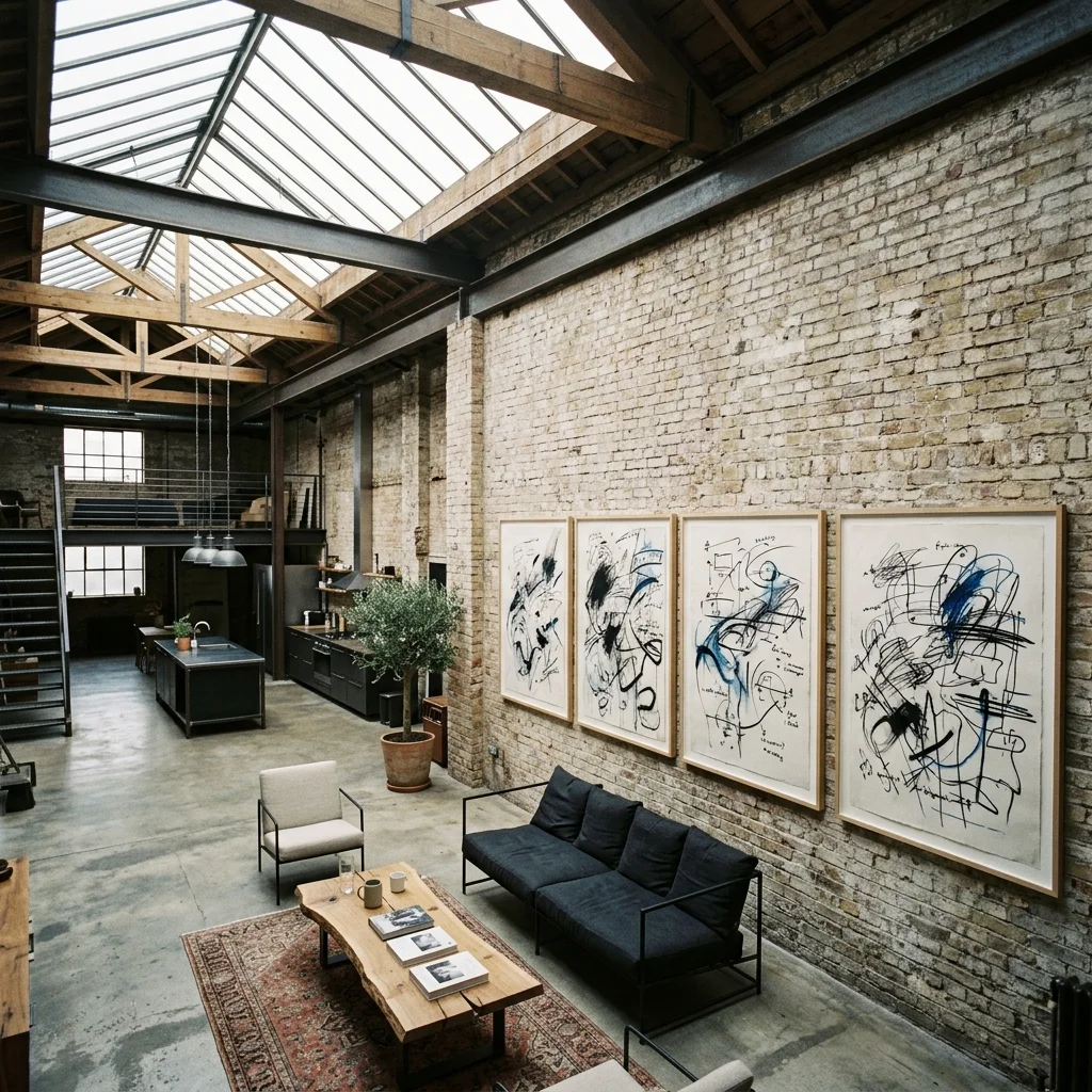 Esquisses numériques dans un loft industriel aux verrières historiques.