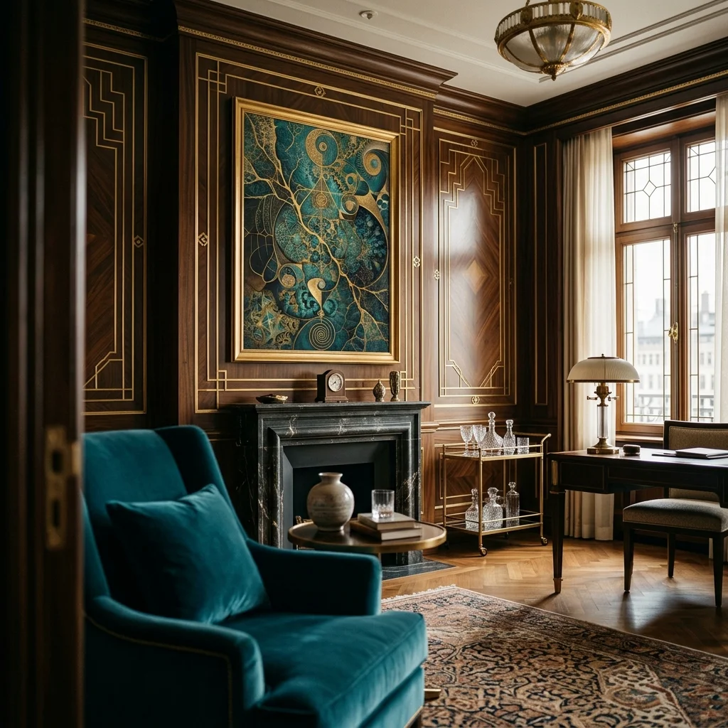 Une œuvre aux nervures d'or dans un salon Art Déco luxueux.
