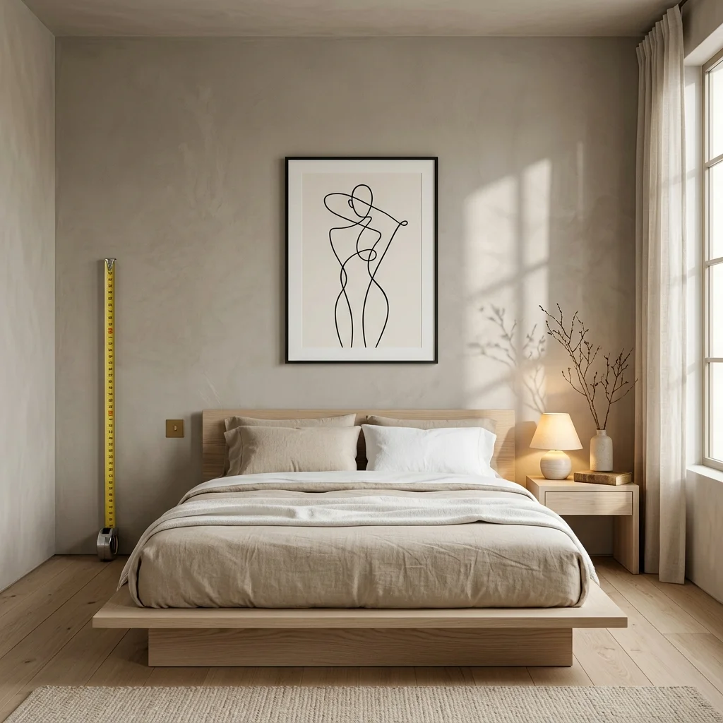 Chambre Japandi minimaliste avec line art encadré accroché à 145cm du sol, mètre ruban visible, lumière douce 2700K
