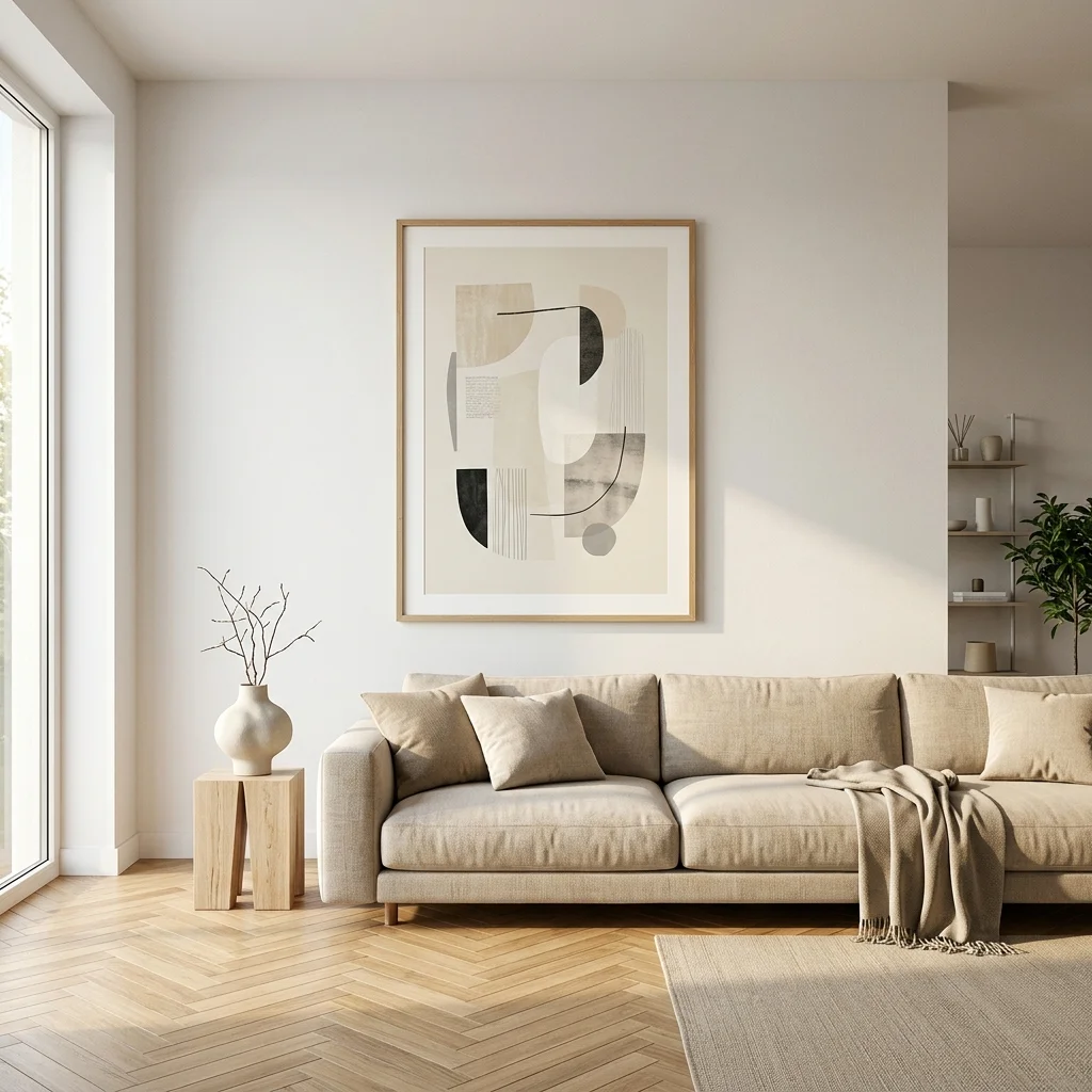 Grand salon scandinave minimaliste avec une seule affiche abstraite 100x140cm au-dessus d'un canapé en lin, règle des deux tiers appliquée