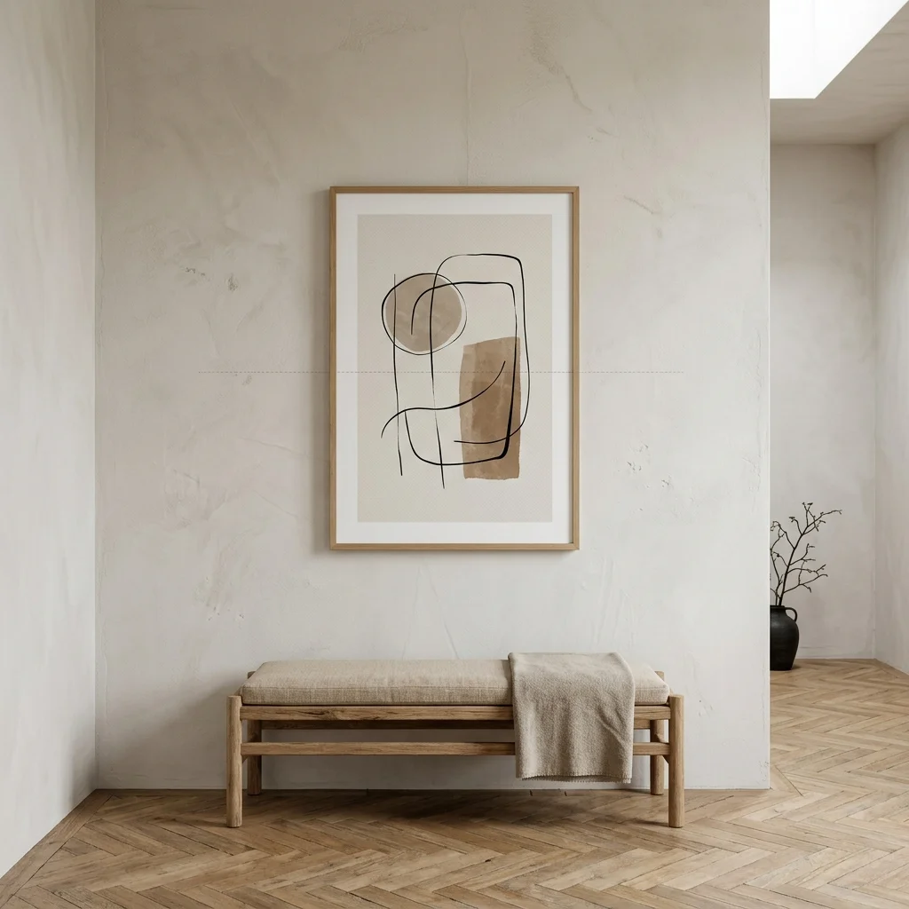 Hauteur d'accrochage idéale 148 cm, style wabi-sabi avec banc en lin