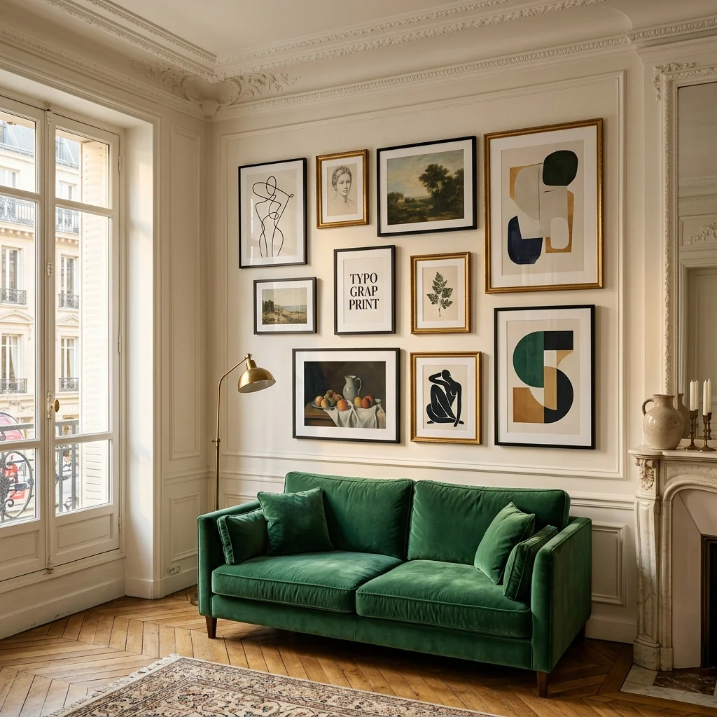 Salon-style à la française, mur couvert de cadres dans un appartement haussmannien