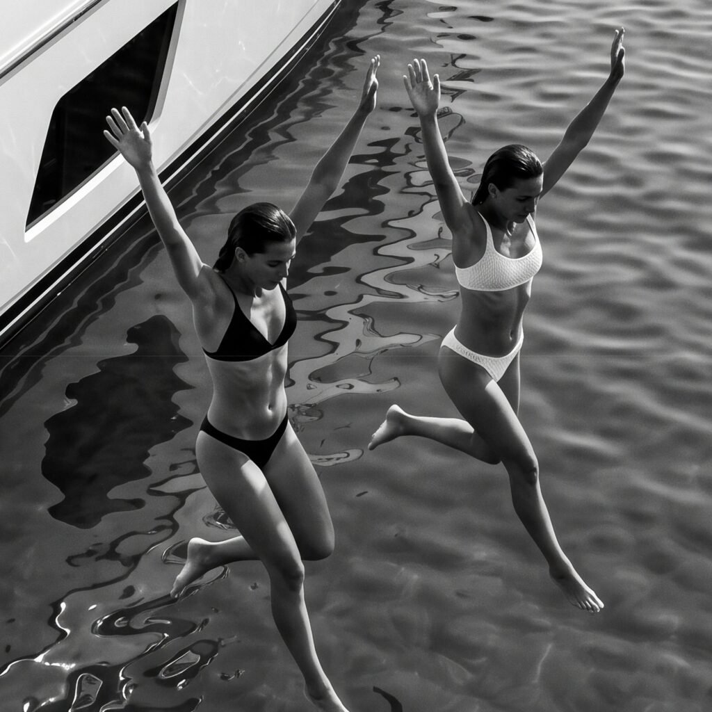 Joy Unleashed : saut de yacht (photo noir et blanc)