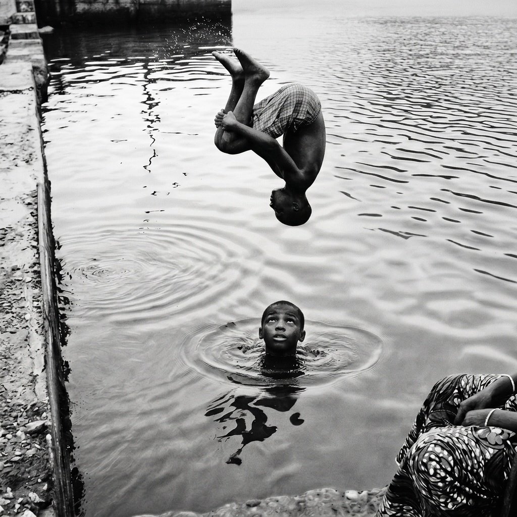 La pirouette, Sénégal : enfant faisant un saut (photo noir et blanc)