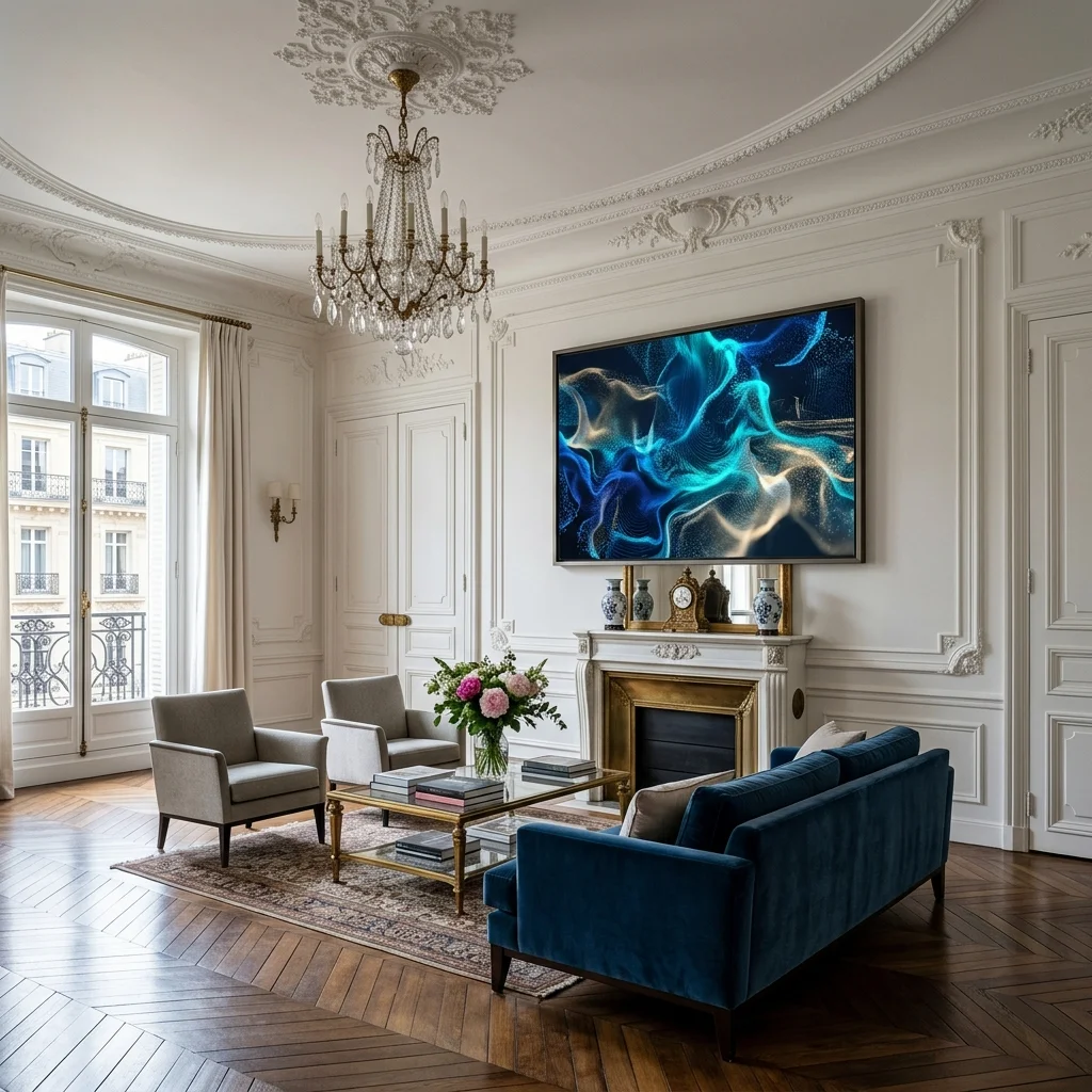 Une œuvre fluide bleue et dorée de Refik Anadol dans un salon Haussmannien.