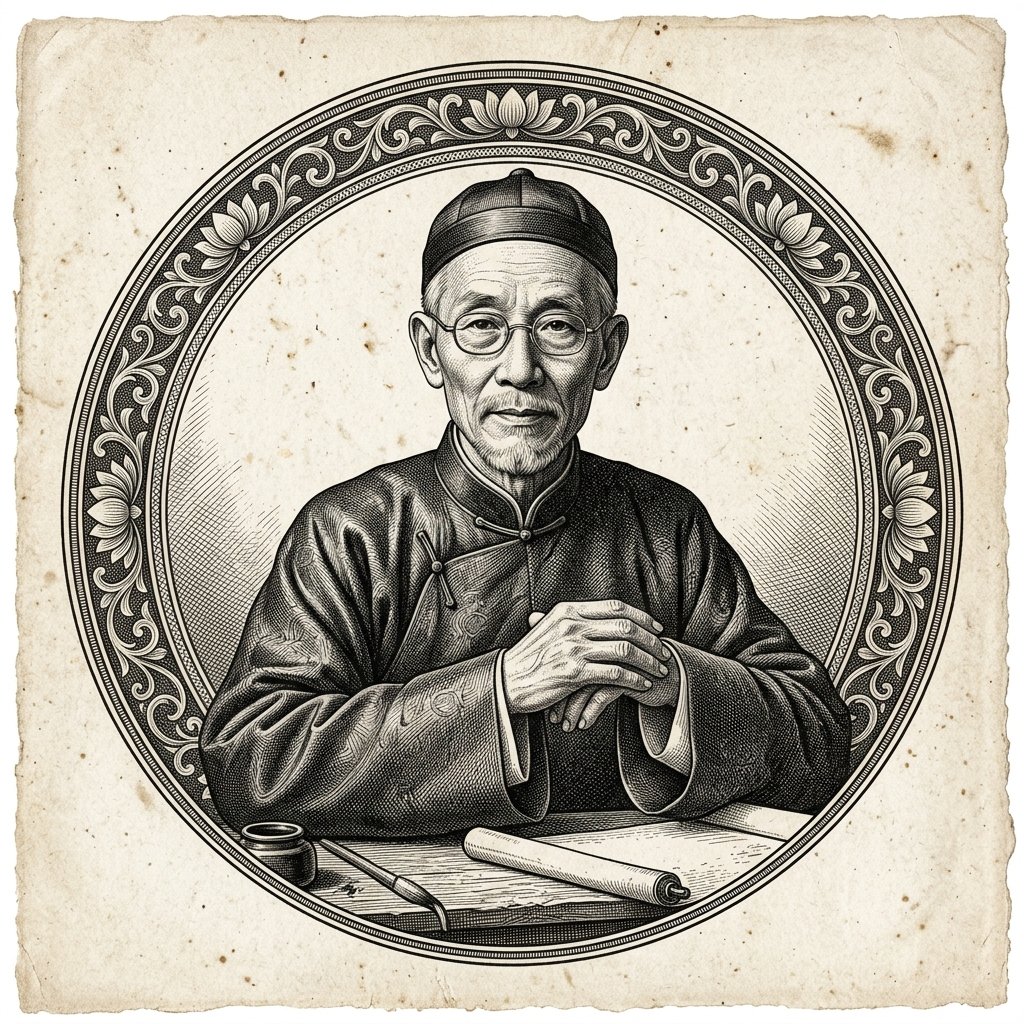 Gravure en m&eacute;daillon du XIXe si&egrave;cle repr&eacute;sentant Wu Guanzhong