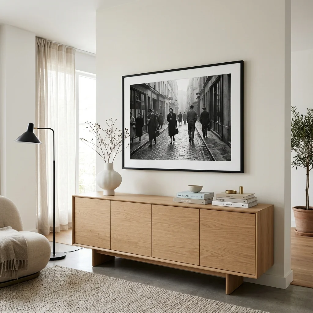 Grand poster horizontal noir et blanc de photographie humaniste installé au-dessus d'un bahut en chêne clair selon la règle des deux tiers.