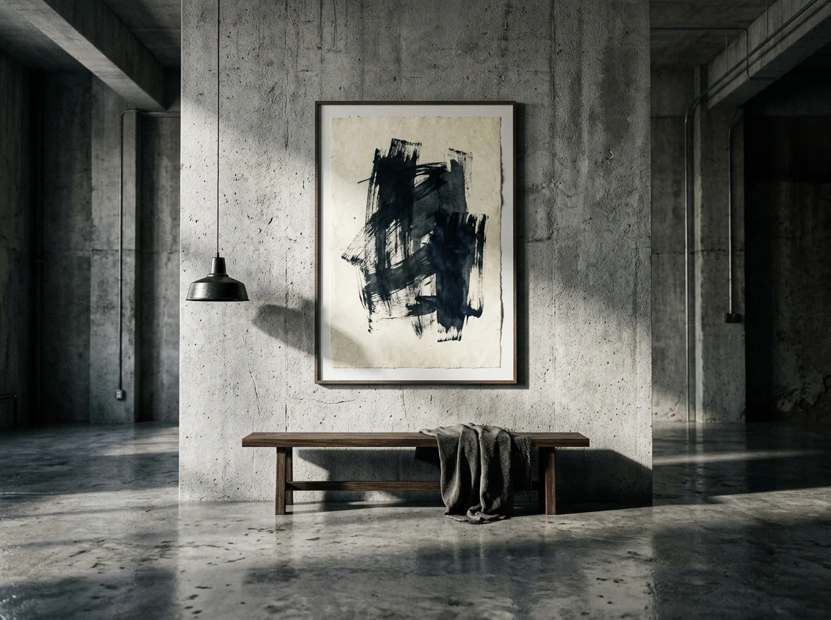 Loft industriel béton avec affiche minimaliste monoprint japonais wabi-sabi encre indigo sur papier washi, cadre acier oxydé