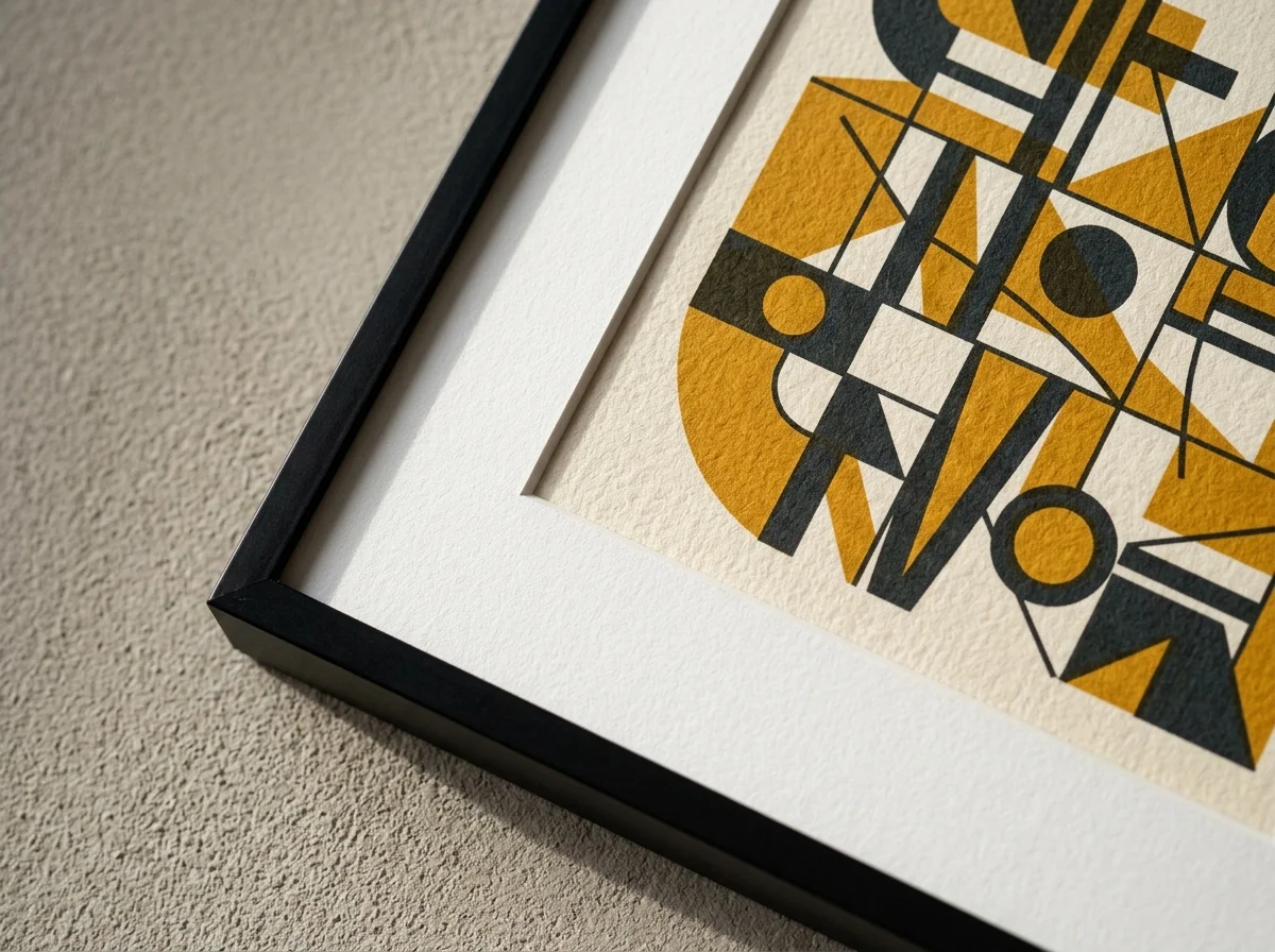 Gros plan macro sur cadre aluminium noir mat d'une affiche constructiviste Bauhaus, papier coton 270g, lumière rasante révélant la texture