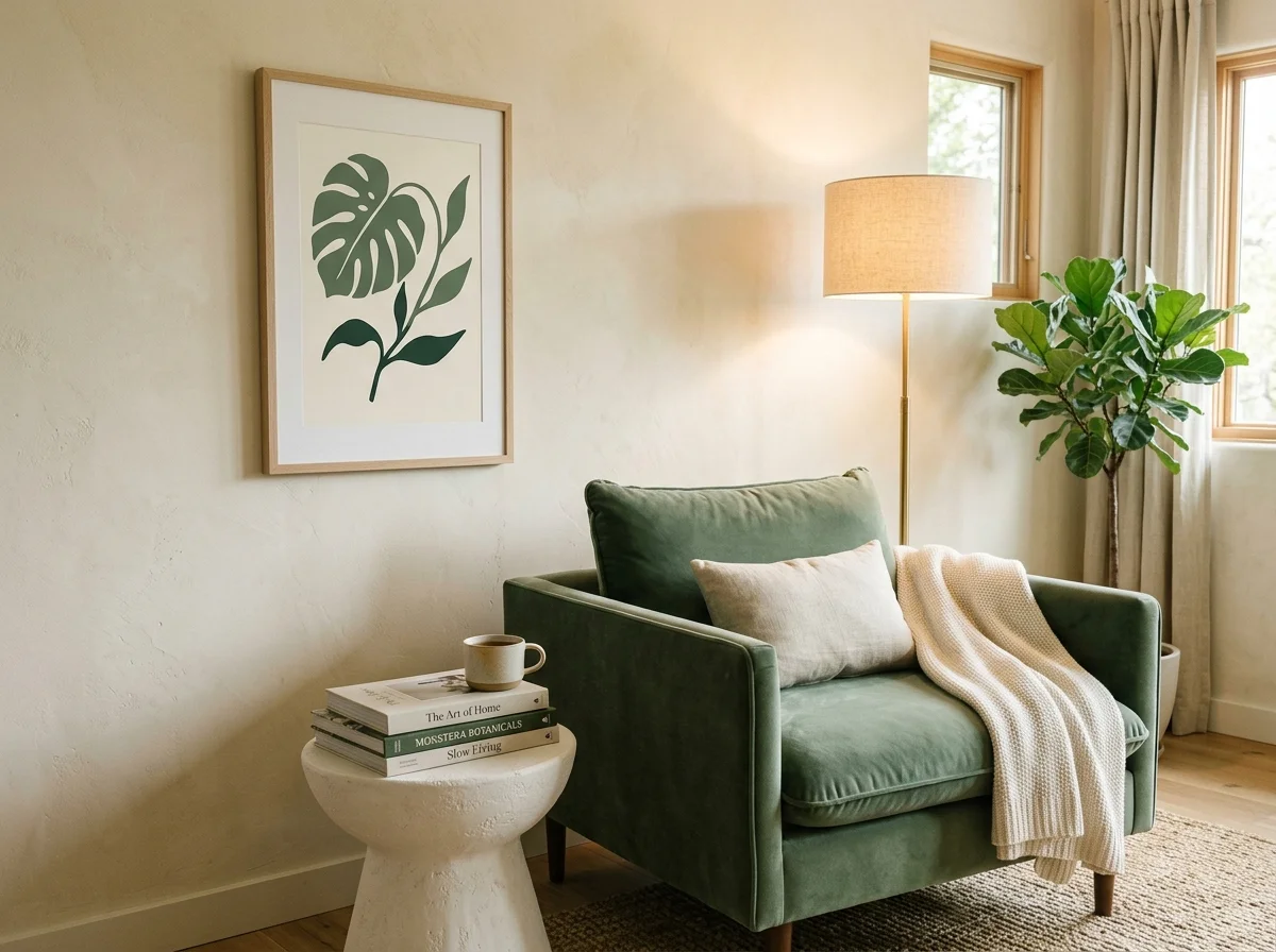 Coin lecture chambre avec affiche botanique minimaliste feuille Monstera vert sauge sur fond crème, fauteuil velours vert, lampe laiton