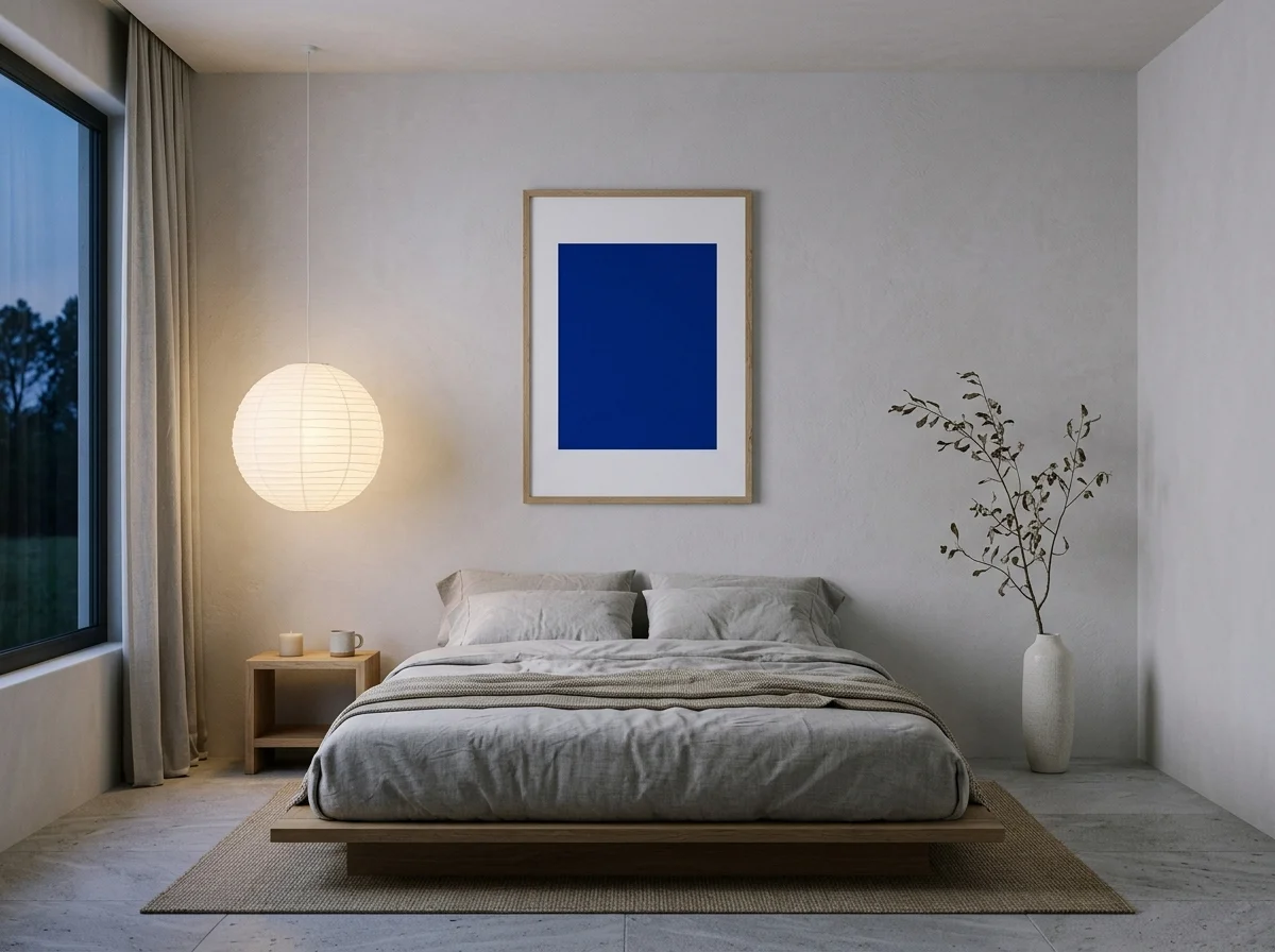 Chambre Japandi épurée au crépuscule avec affiche minimaliste rectangle bleu outremer inspirée Ellsworth Kelly, lit plateforme lin, lanterne washi