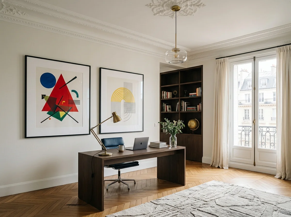 Bureau design Haussmannien avec deux affiches Wassily Kandinsky abstraites côte à côte, parquet chevron, bureau en chêne fumé