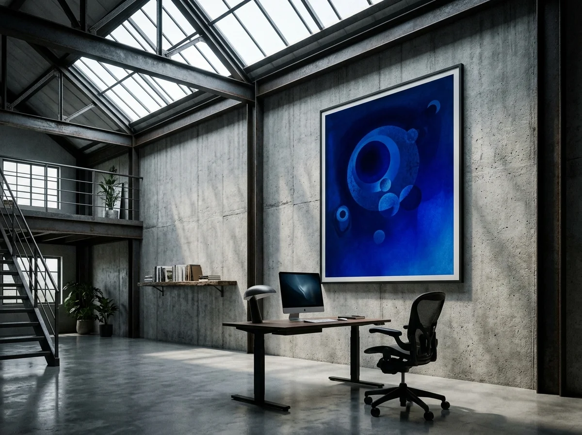 Loft industriel avec verrière acier et affiche monochrome bleu profond Kandinsky sur mur béton double hauteur, bureau design