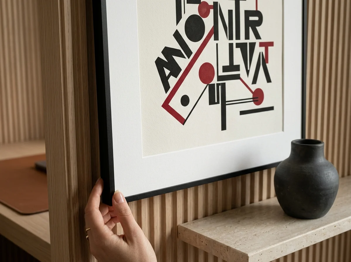 Gros plan sur affiche Bauhaus constructiviste dans cadre noir avec passe-partout blanc généreux, panneau chêne côtelé, lumière rasante