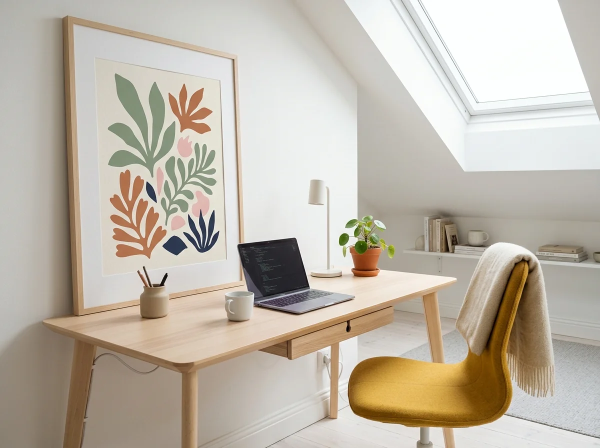 Bureau scandinave lumineux avec affiche botanique abstraite style Matisse, bureau bouleau clair, chaise moutarde, velux zénithal