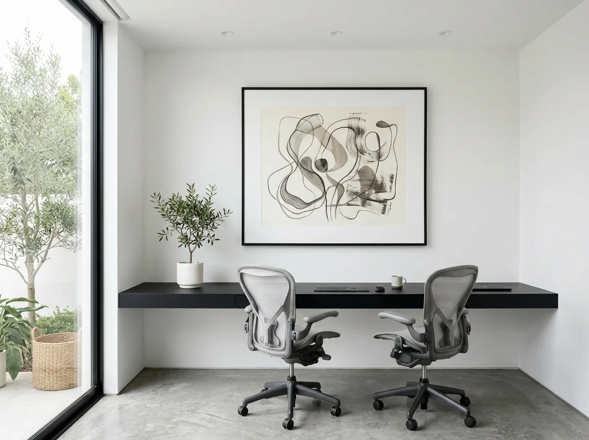 Bureau minimaliste contemporain avec deux chaises Aeron et affiche monoprint gestuelle en noir et gris chaud, bureau flottant noir, béton poli