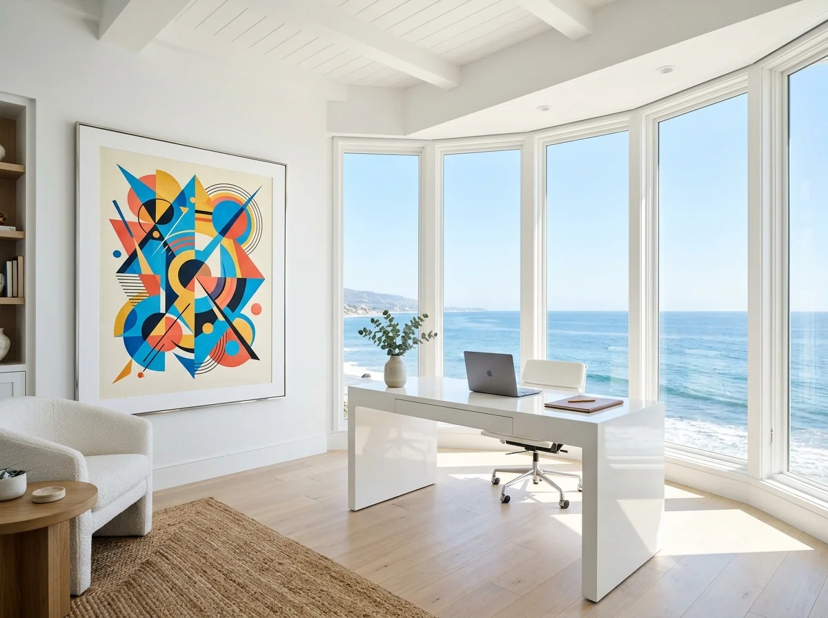 Bureau vue océan Malibu avec affiche géométrique abstraite multicolore post-Bauhaus, baie vitrée, luminosité californienne