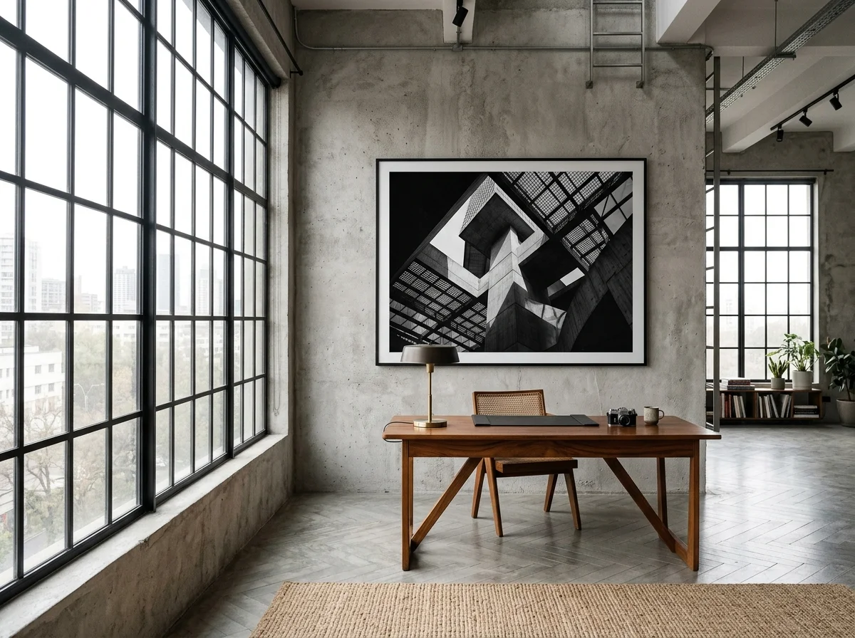 Bureau loft industriel avec grand tirage photographique noir et blanc géométrique, bureau en teck, cadre aluminium mat