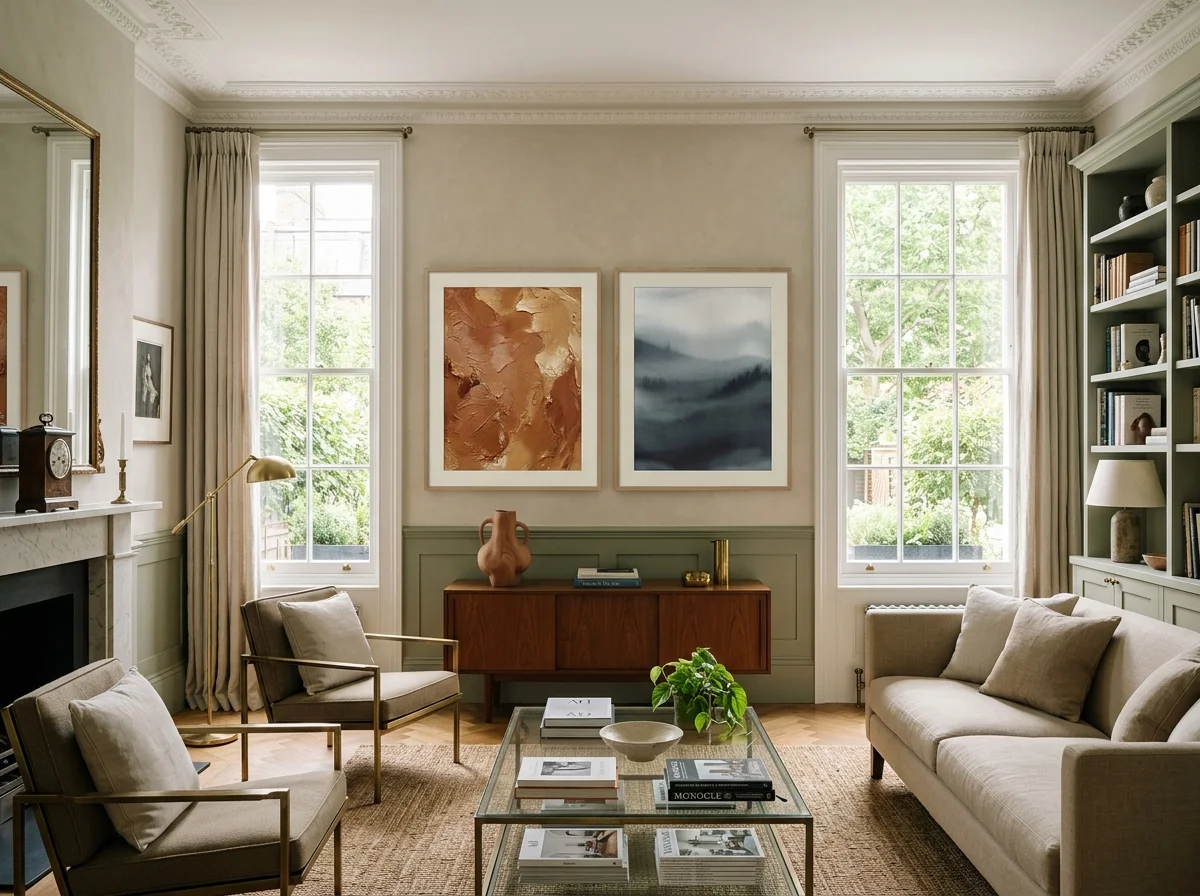 Encadrement affiche art - salon style English Townhouse avec deux affiches côte à côte en cadre bois clair et passe-partout blanc