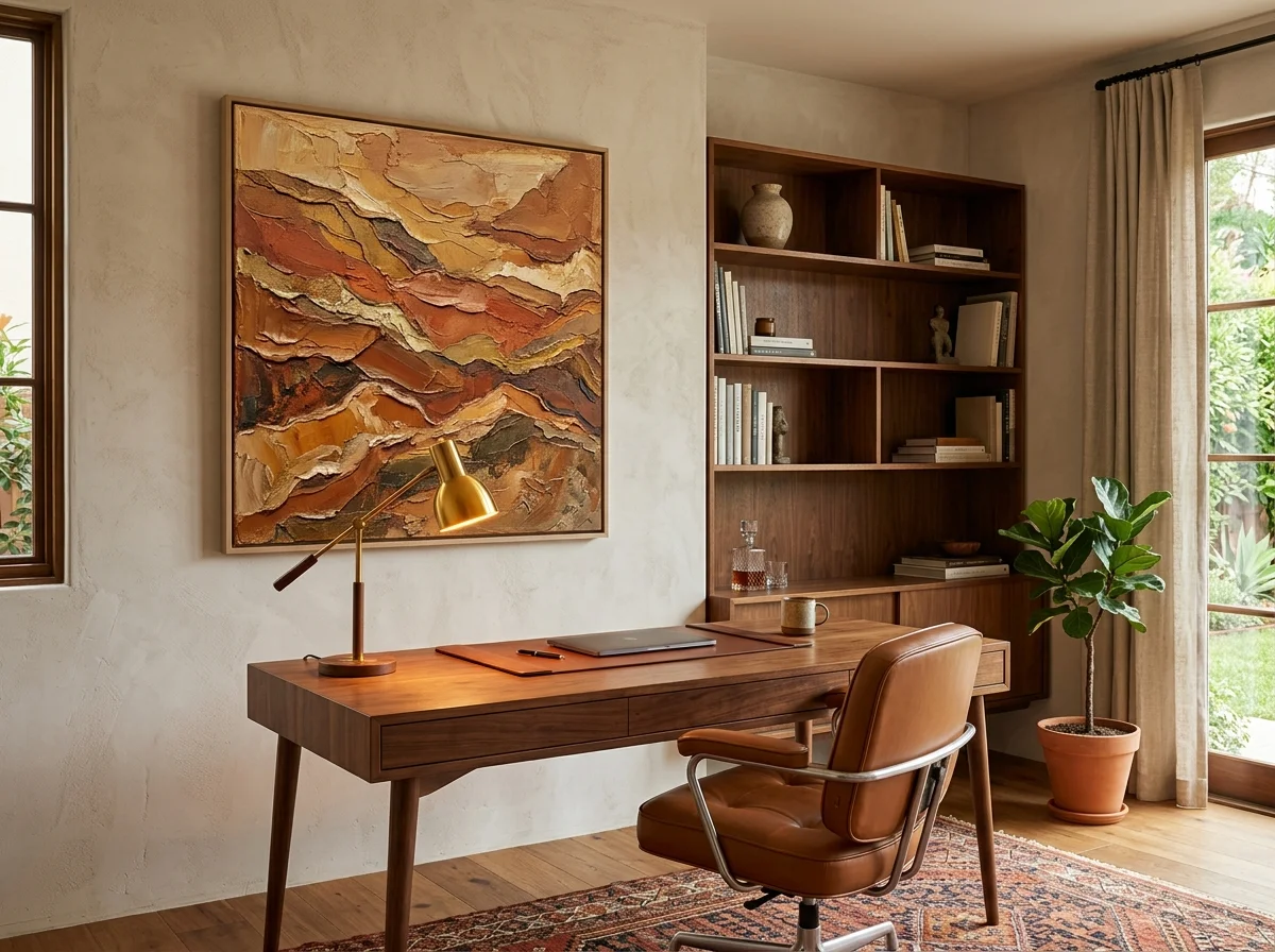 Bureau professionnel mid-century modern en noyer avec toile abstraite ocre et terracotta, lampe de bureau laiton, fauteuil cuir