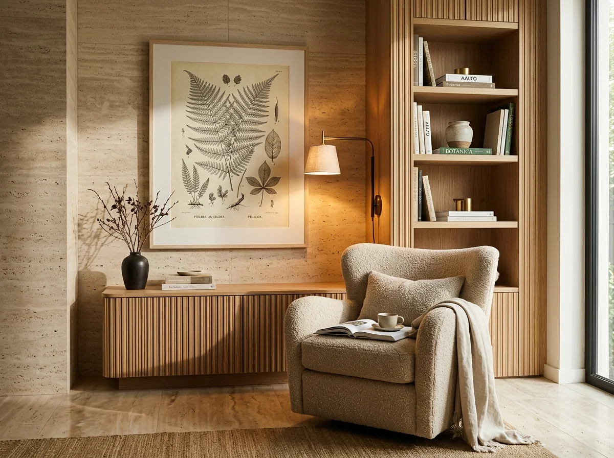 Affiche botanique encadrée en bois clair dans un coin lecture Quiet Luxury avec fauteuil boucle et étagères en chêne cannelé